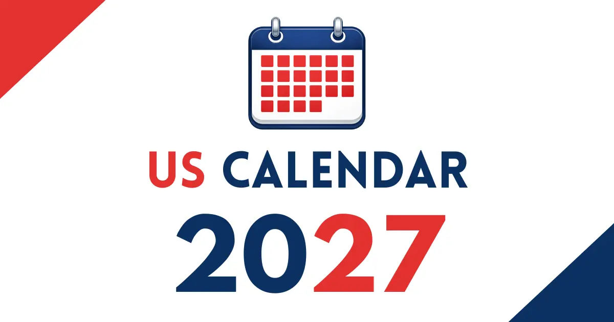 Modern United States Calendar 2027 banner showcasing a sleek calendar icon with elegant red, white, and blue highlights, featuring bold “US Calendar 2027” typography on a clean white background.