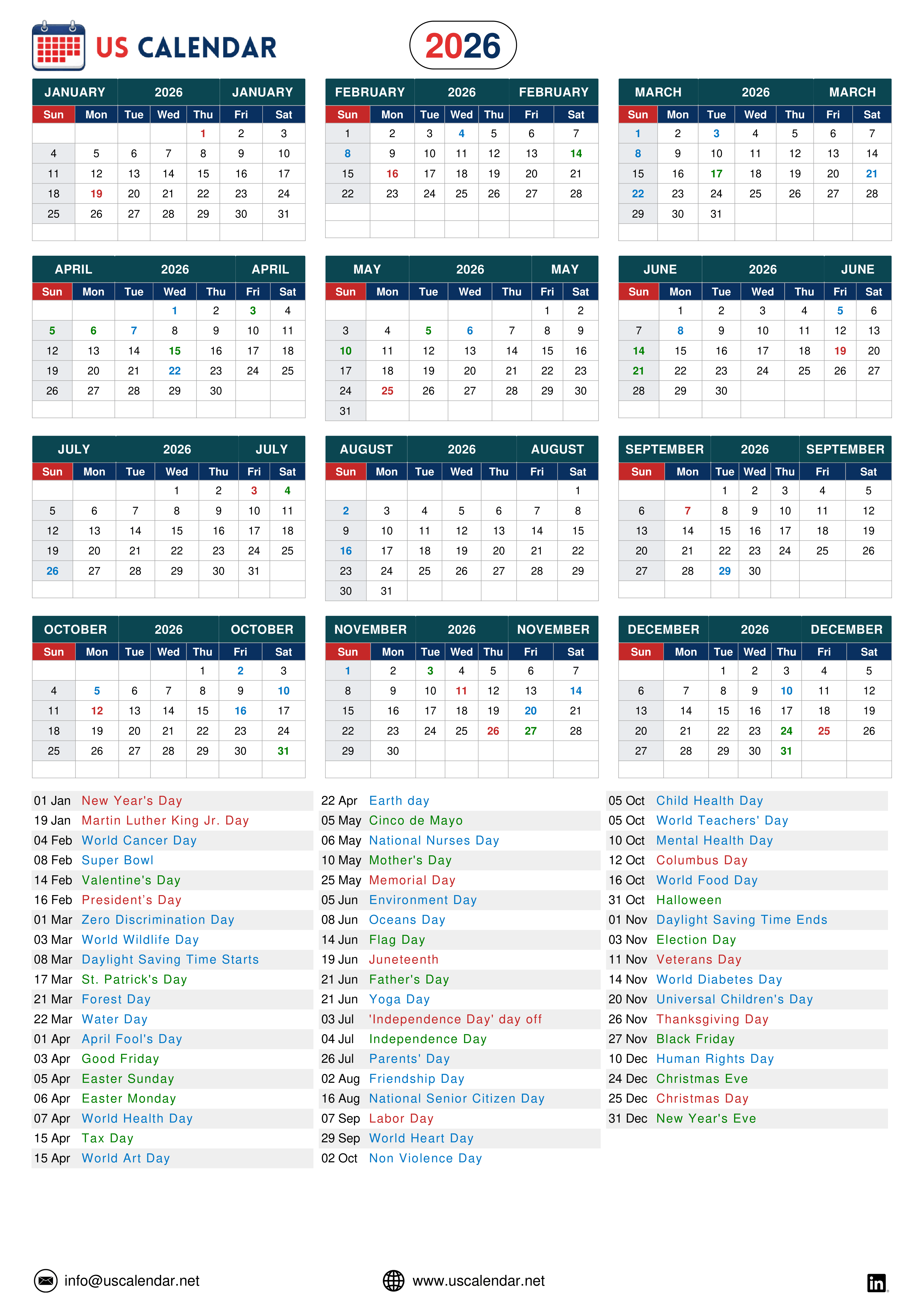 United States Calendar 2026 displaying all months from January to December, along with a complete list of federal holidays, observances, and important dates in the United States, including New Year’s Day, Martin Luther King Jr. Day, and Memorial Day.