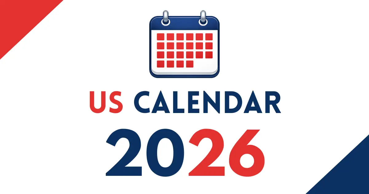Modern United States Calendar 2026 banner featuring a stylish calendar icon with subtle red, white, and blue accents, displaying the text “US Calendar 2026” in bold contemporary typography on a clean white background.